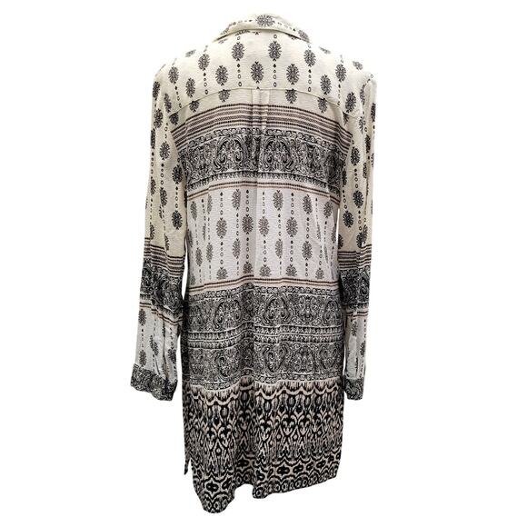 Chico's Button Up Shirt Women's 2, L Long Sleeve Batik Damask Side Slit Tunic - Picture 2 of 12
